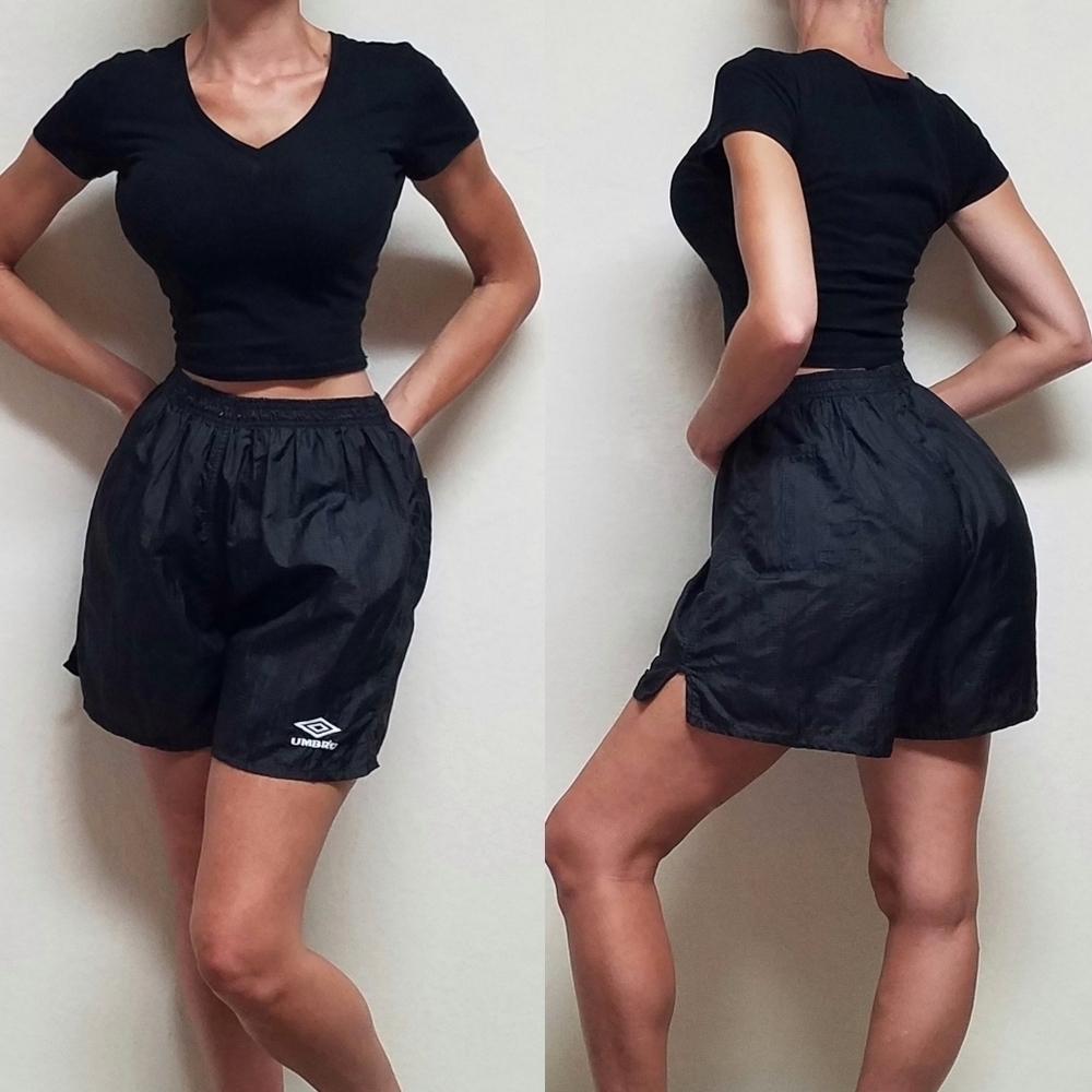 70s Vintage Umbro Liverpool Style Unisex Black High Rise Loose Fit Sport Shorts